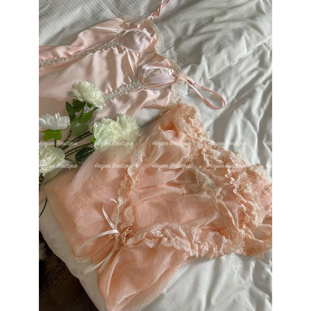 HT299 Set váy ngủ và áo choàng sexy dáng dài tay loe gợi cảm, bộ ngủ lụa tiểu thư sang chảnh HT299