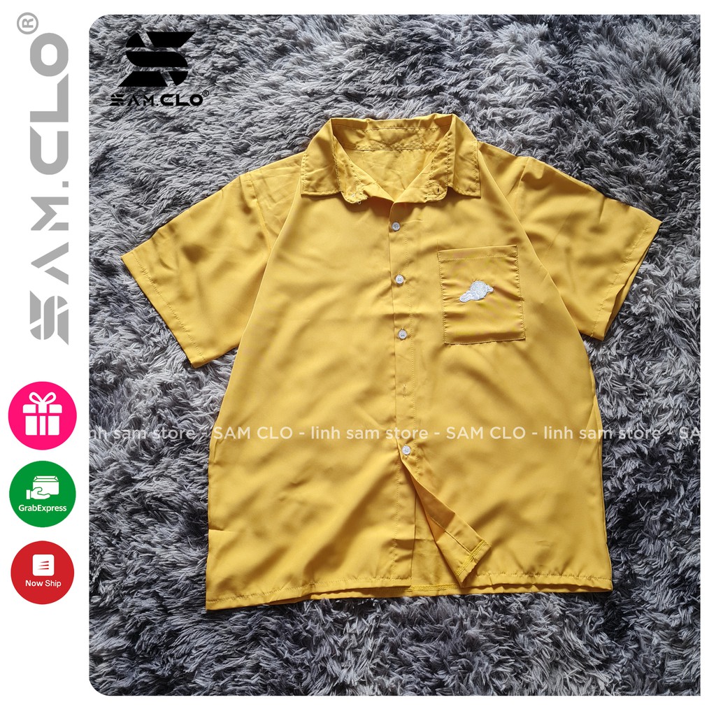 Áo sơ mi nữ SAM CLO cổ bẻ tay ngắn có túi - lỡ ulzzang form freesize dáng rộng unisex mặc cặp, nhóm, couple HÌNH THÊU