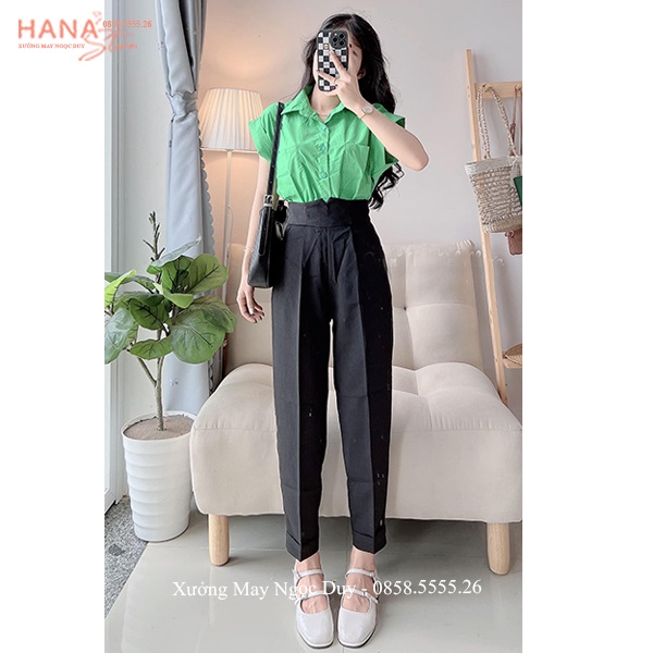 Quần tây đen đi học lưng cao nữ cạp V bản to khóa hông dáng quần baggy nữ đi học sinh cạp đáy cao vải dày co giãn nhẹ