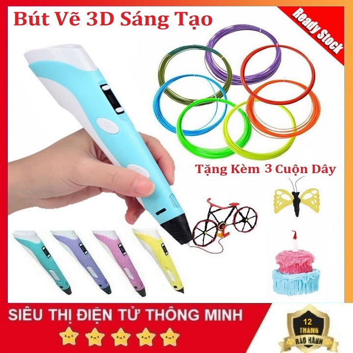 Bộ Bút Vẽ 3D Tạo Hình, Tặng 3 Dây Mực 3 Mầu - Đầu in Nhiệt Thông Minh Với Sợi PLA 1.75mm - Shop Có Bán Thêm Dây Mực