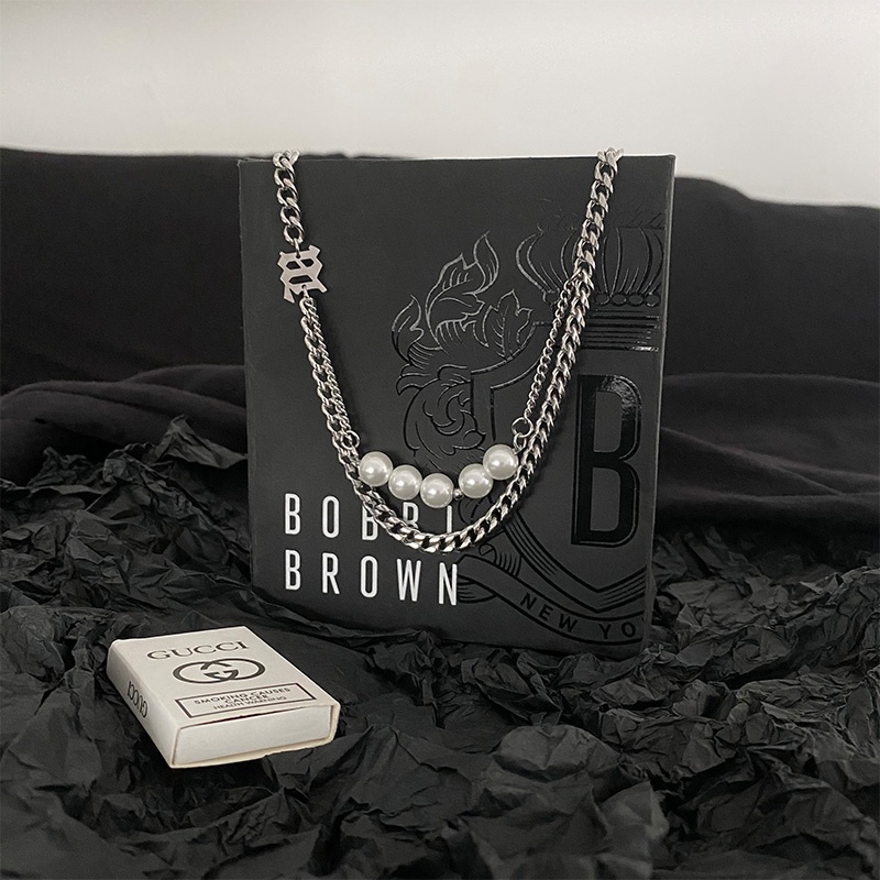 Vòng cổ Hai Lớp Bằng Thép Titan Đính Ngọc Trai Phong Cách Hip Hop Đường Phố Cá Tính