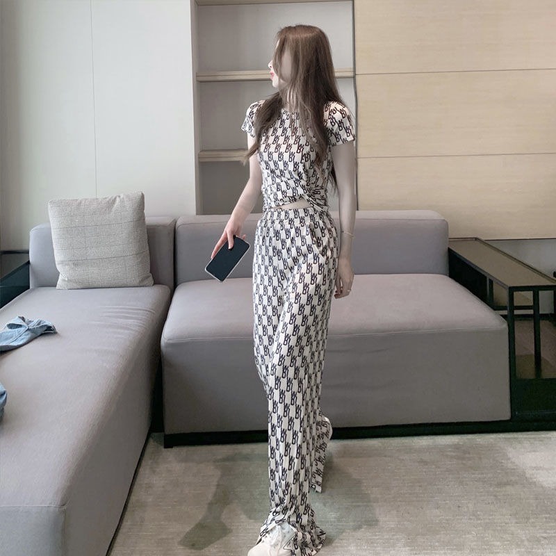 Set Áo Thun Ngắn Tay Và Quần Dài Lưng Cao Ống Rộng Thời Trang Hè Trẻ Trung