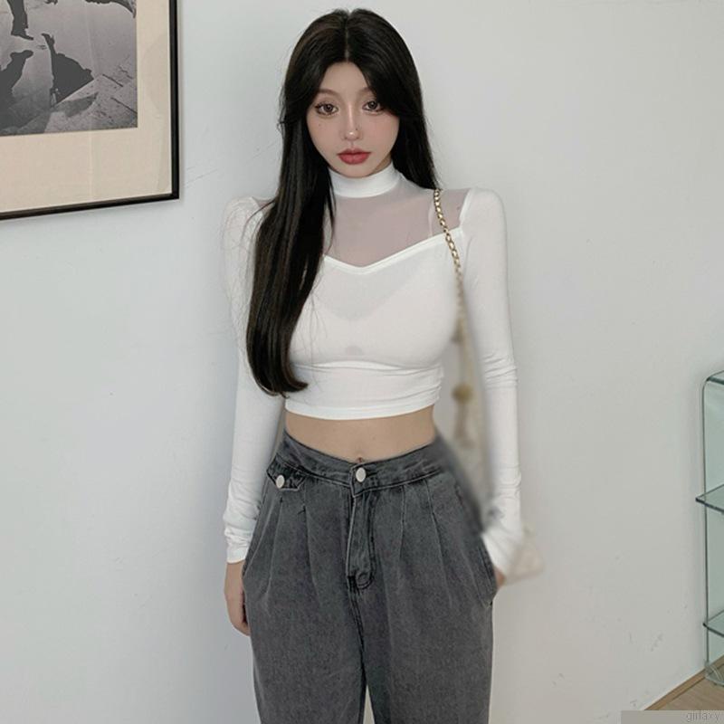 Áo thun lửng tay dài cổ lọ màu sắc trong suốt thời trang Hàn Quốc cho nữ