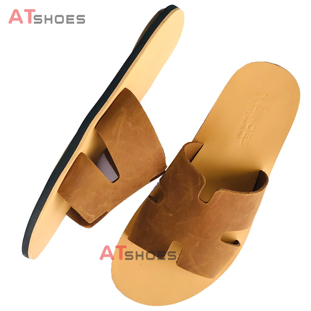 Dép Da Nam Cao Cấp Atshoes Dép chữ H Cao Cấp Da Bò Đế Caosu  Chống Nước HAT21(Đen_Nâu-Vàng)