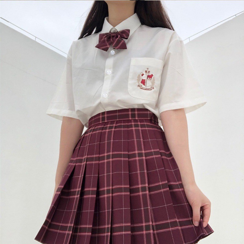 [SẴN SIZE S] Seifuku/ JK/ Set váy đồng phục học sinh: áo sơ mi thêu huy hiệu hoàng gia thắt nơ + chân váy xòe xếp ly
