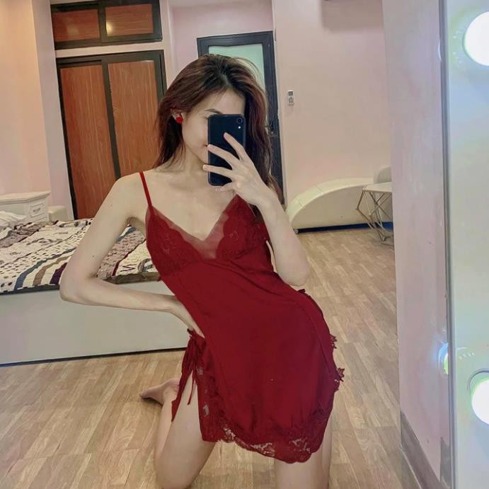 Váy ngủ sexy phối ren ngực đầm ngủ ren form ngắn quyến rũ màu đỏ | BigBuy360 - bigbuy360.vn