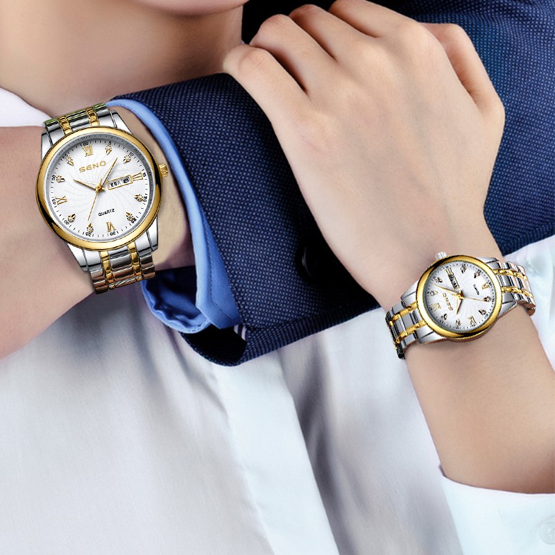 Đồng hồ nam nữ Seno, đồng hồ cặp đôi mặt tròn chống nước cao cấp seno DH9103