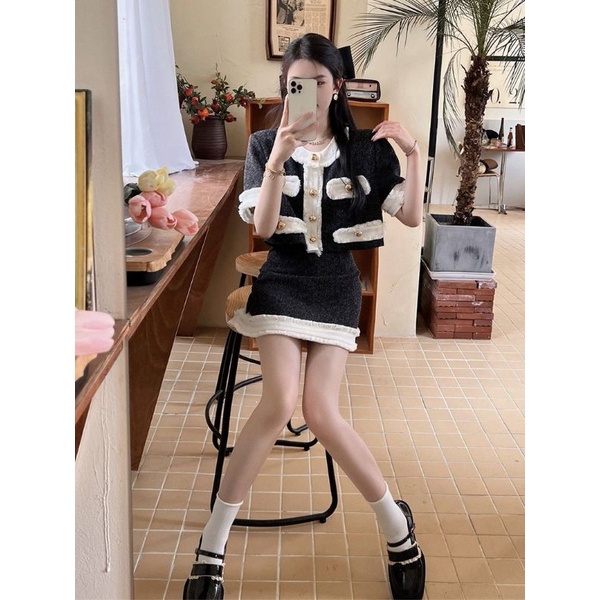 VIDEO ẢNH THẬT Set Áo Dạ Tweed Chân Váy Viền Đen Trắng