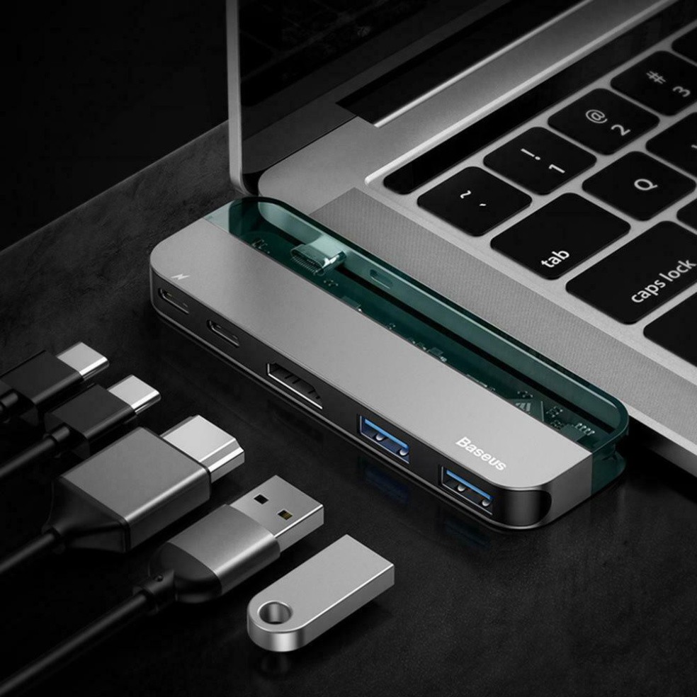 Bộ USB C Hub Baseus 5 in 1 mở rộng cổng kết nối USB 3.0, HDMI, Thunderbolt 3,cho Macbook Pro từ 2017