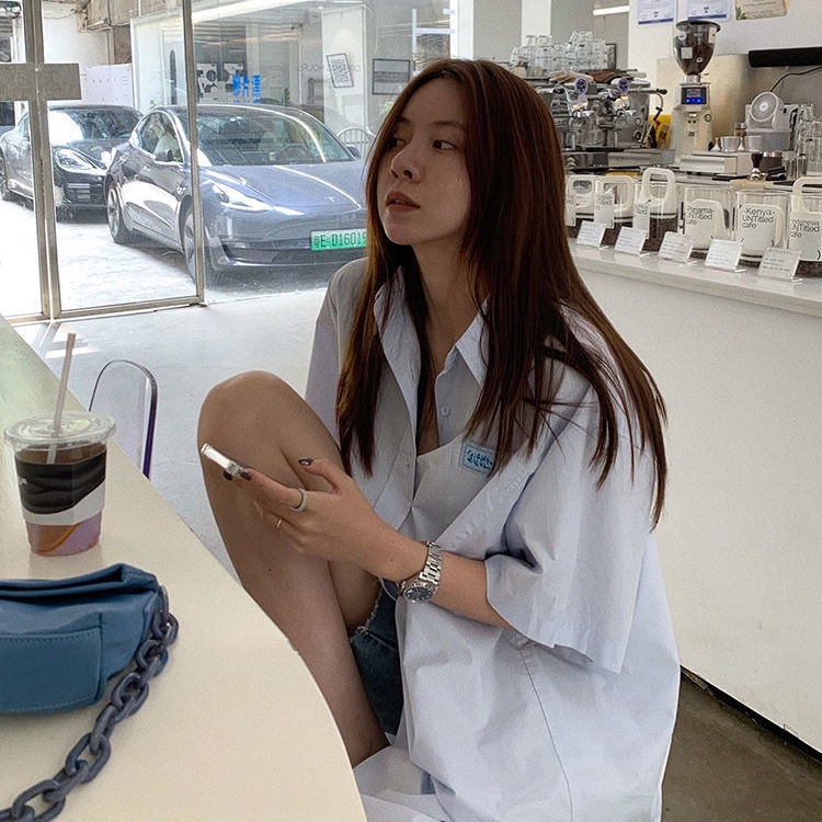 Áo sơ mi trắng tay ngắn dáng rộng phong cách Hàn Quốc dễ thương cho nữ