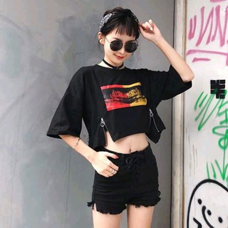 Áo Thun Croptop Phối Dây Kéo Cá Tính Phong Cách EVA AO 30153