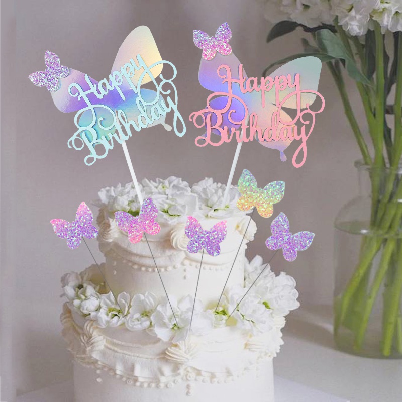 Set 5 Phụ Kiện Trang Trí Bánh Kem Sinh Nhật Bé Hình Bướm Đính Kim Sa Lấp Lánh
