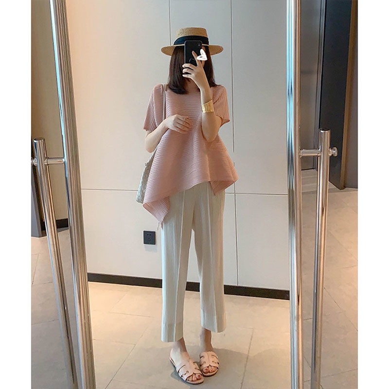 Issey Miyake Xếp Ly Top Không Đều Nửa Tay Top Mùa Hè Xếp Ly Rời Giữa Chiều Dài Niche Slimer Look t @