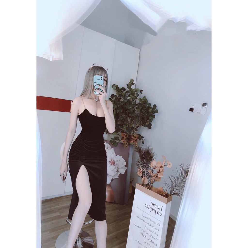 Đầm nhung phối dây xích rút dây có mút ngực- chất dày dặn- giá sĩ- ANN9399-NU | BigBuy360 - bigbuy360.vn