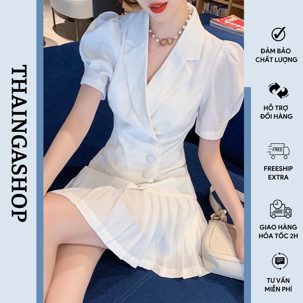 Đầm cổ vest dự tiệc vạt chéo xếp ly vải cotton trắng và đen mặc đi tiệc, mặc đi chơi Thaingashop T0568