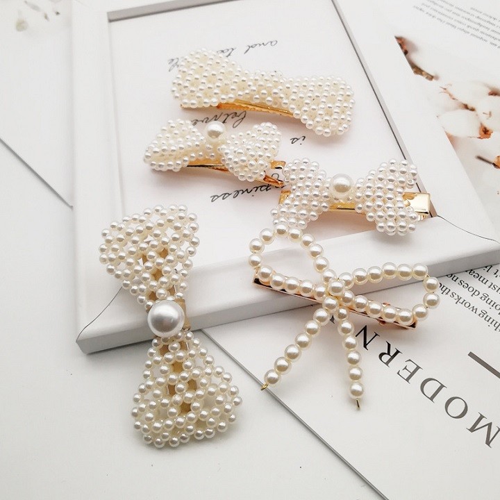 Kẹp tóc nơ, set 2 kẹp tóc ngọc trai, kẹp tóc nơ ngọc trai