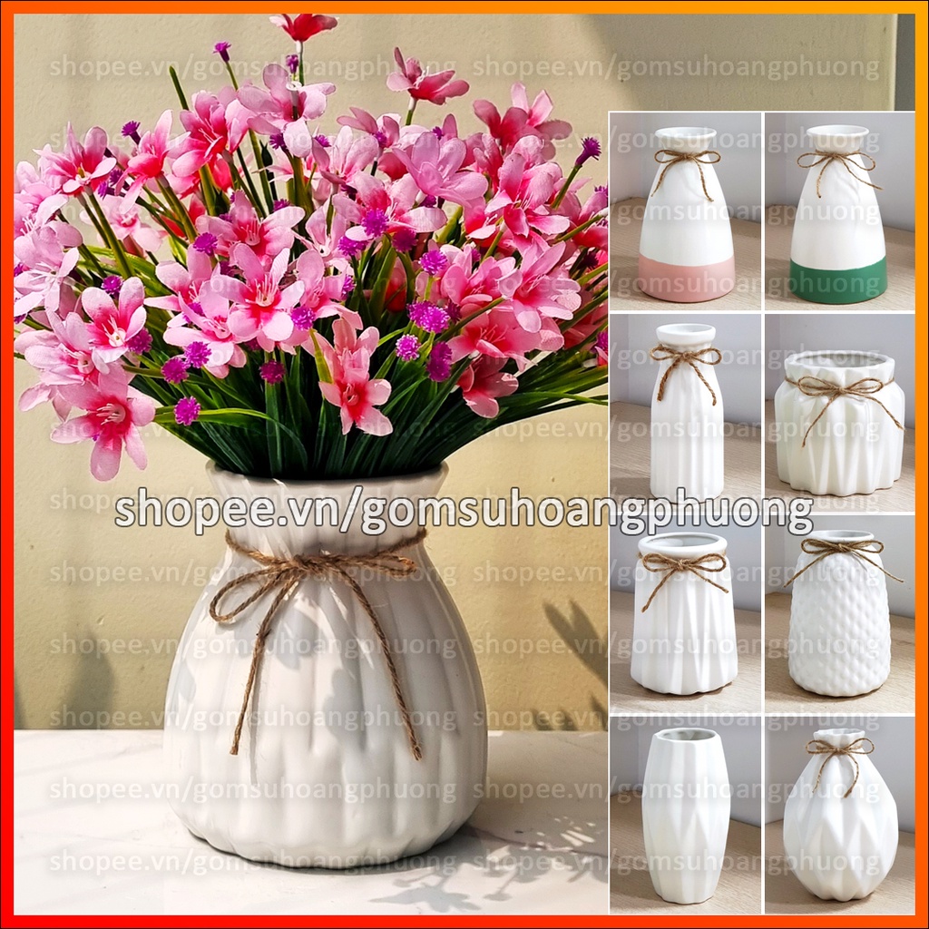 Lọ hoa sứ trắng men mát thắt nơ - Bát Tràng