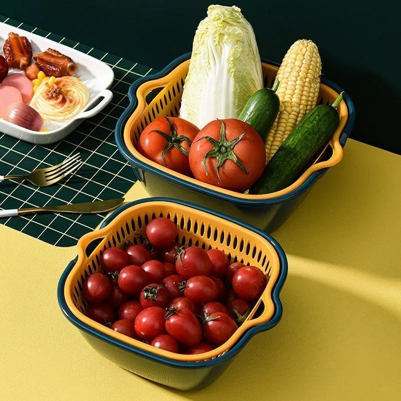 Rổ nhựa chữ nhật kèm chậu đựng rau củ trái cây nhựa PP cho nhà bếp tiện lợi
