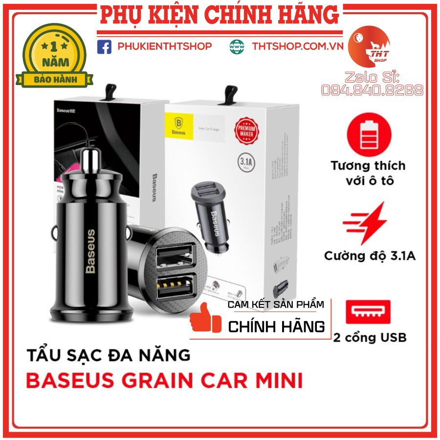 [BH 12 Tháng] Tẩu Sạc Nhanh Baseus Baseus Grain Mini  Đa Năng 2 Cổng USB 3.1A Cho Xe Hơi, Ô Tô