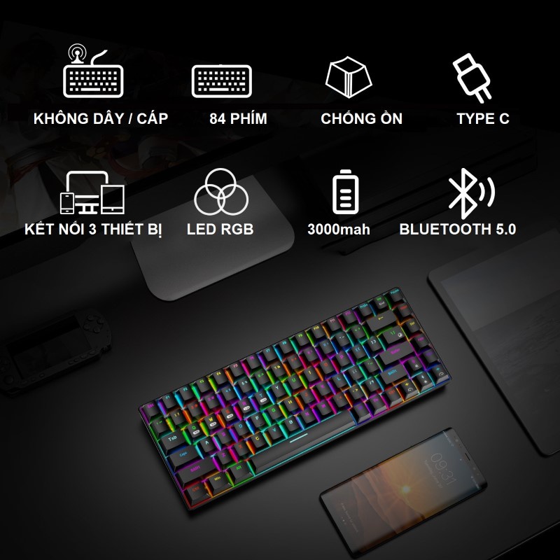 [Mã 254ELSALE giảm 7% đơn 300K] Bàn Phím Cơ không dây mini Đa kết nối RF84 Led RGB Black Gaming cho máy tính