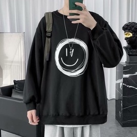 Áo sweater tay dài dáng rộng cổ tròn hình mặt cười thời trang thu đông trẻ trung cho nam