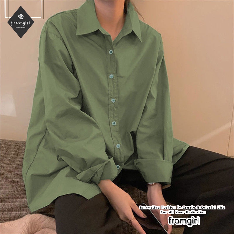 Áo sơ mi cho nữ tay dài dáng rộng phong cách Hàn Quốc