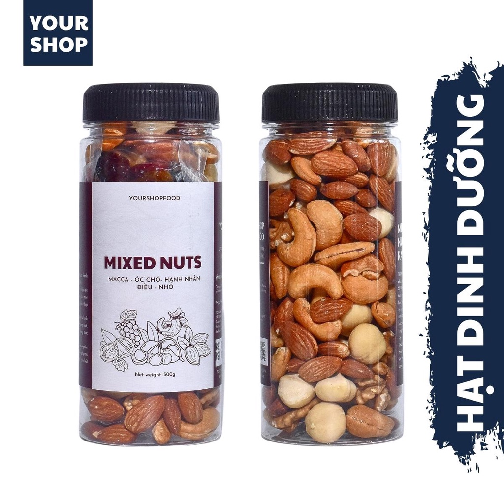 Hạt dinh dưỡng mix 5 loại Raisins Yourshop hạt ngũ cốc bà bầu gồm macca, óc chó, hạnh nhân, hạt điều, nho khô