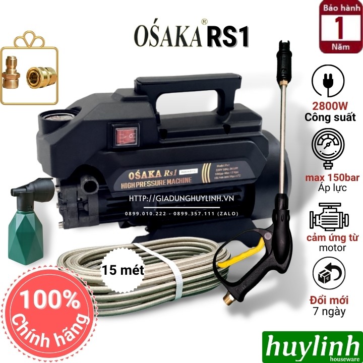 Máy xịt rửa xe Osaka RS1 - 2800W - Tặng khớp nối nhanh đầu ra - Dây 15 mét - Motor từ