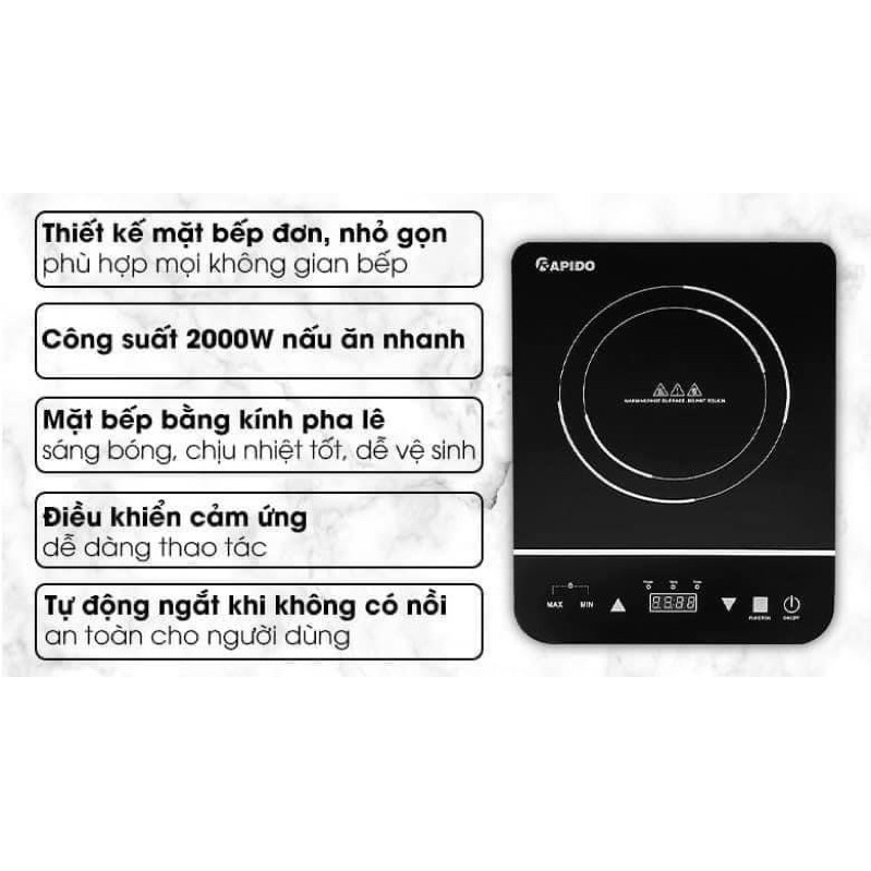 BẾP TỪ ĐƠN VÀ BẾP HỒNG NGOẠI ĐƠN Í2000EC - HÀNG CHÍNH HÃNG CỦA RAPIDO