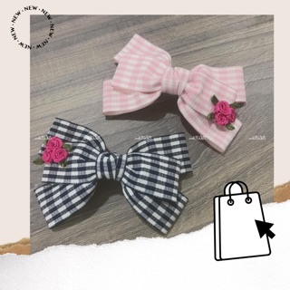🎀 KẸP TÓC NƠ CARO PHỐI HOA HỒNG NHÍ - [Nhà Nấm handmade]