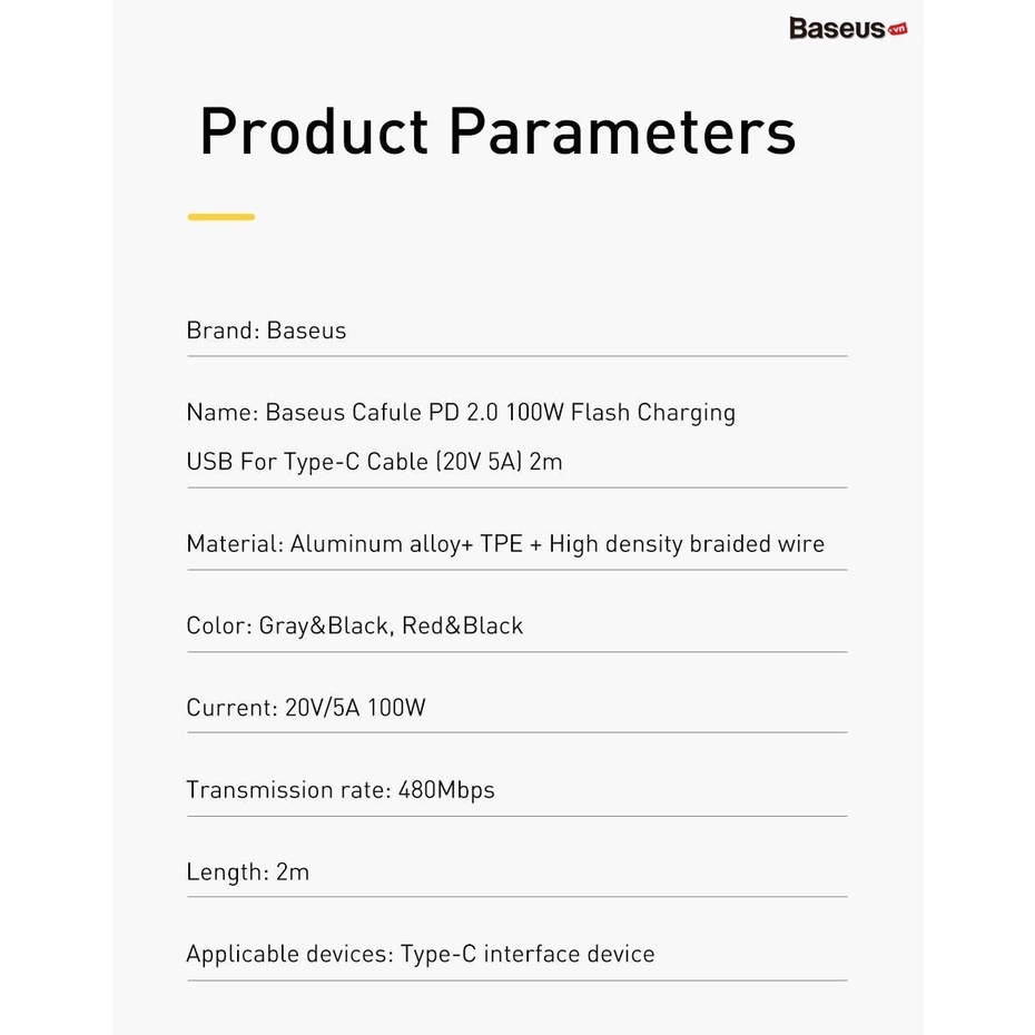 Cáp sạc nhanh C to C 100W Baseus Cafule PD2.0 dùng cho iPad Pro/ Macbook/ Laptop