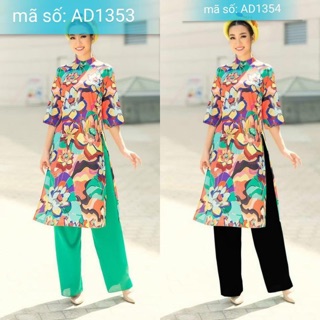 Có 3xl- set áo dài cách tân hoạ tiết hoa lập thể kèm quần