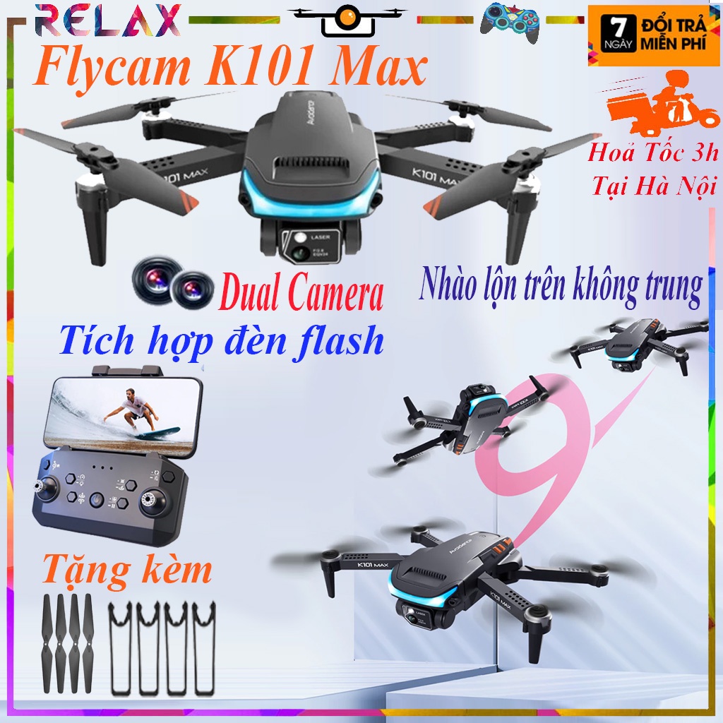 Flycam K101 MAX trang bị đèn led trợ sáng - quay phim chụp ảnh, Máy bay Fly cam tránh va chạm vật cản 3 chiều