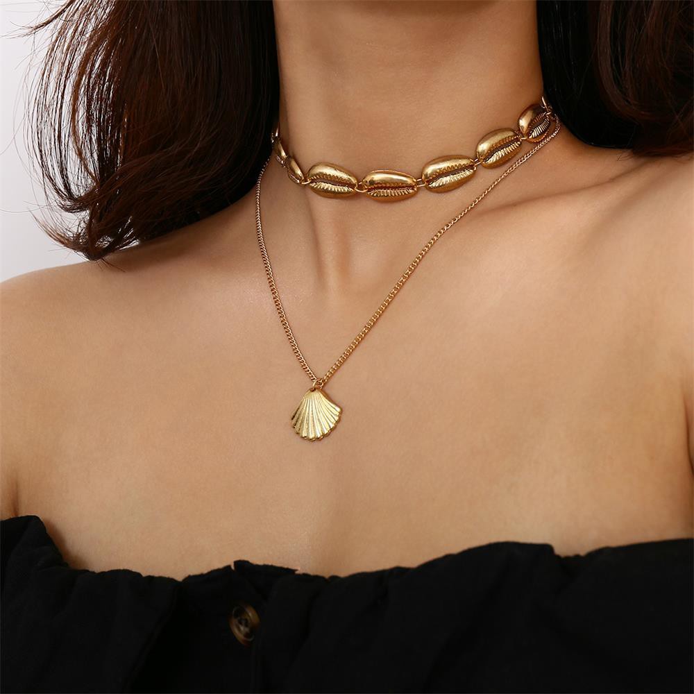 Vòng Cổ Choker Nhiều Lớp Mặt Vỏ Sò Màu Vàng / Bạc Thời Trang Mùa Hè Cho Nữ