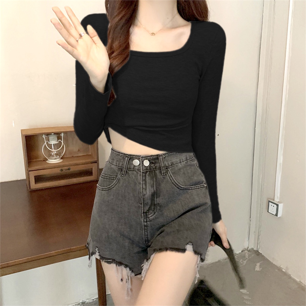 [Mã FAMARAL1 giảm 10K đơn 50K] Áo Croptop Tay Dài Cổ Vuông Màu Trơn Chất Cotton 4 chiều Phong Cách Hàn Quốc RT6
