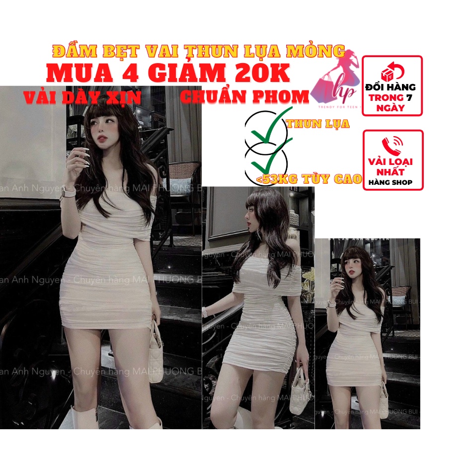 Váy đầm nữ bẹt vai ôm body nhún thun lụa màu trắng đen sang chảnh phong cách sexy dễ thương-VD105