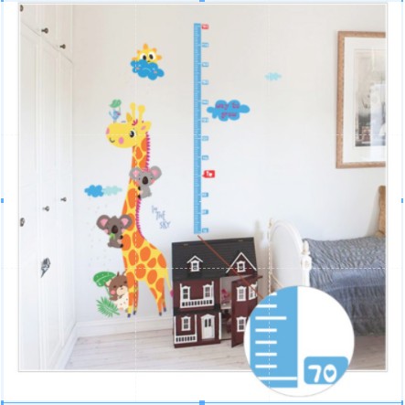 Decal dán tường thước đo hươn cao cổ và 2 chú gấu con