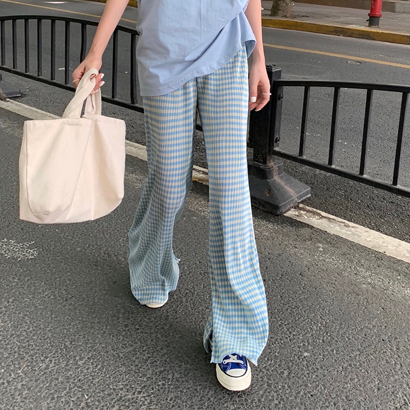 Quần Dài Lưng Cao Ống Rộng Thiết Kế Xẻ Tà Họa Tiết Sọc Caro Thời Trang