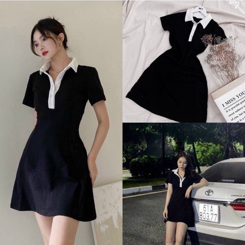 VÁY POLO DÁNG XÒE MÀU ĐEN PHỐI CỔ TRẮNG , ĐẦM POLO CỔ BẺ ÔM BODY TÔN DÁNG - METHSHOP 1989