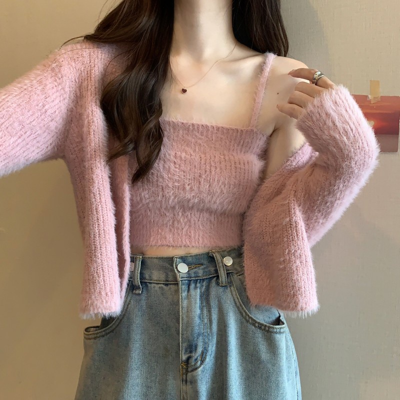 55938 Sling Dệt Kim Mềm + Áo Len Cardigan Hai Mảnh
