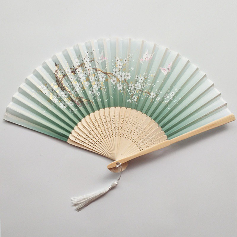 Quạt Xếp Cầm Tay Vải Lụa In Họa Tiết Hoa Anh Đào Phong Cách Trung Hoa