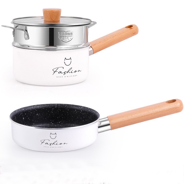 Bộ Nồi Chảo Cho Bé Ăn Dặm, Nồi Chảo Đá Fashion Cho Bé Ăn Dặm 16cm Kèm Lồng Hấp Tặng Kèm Muỗng