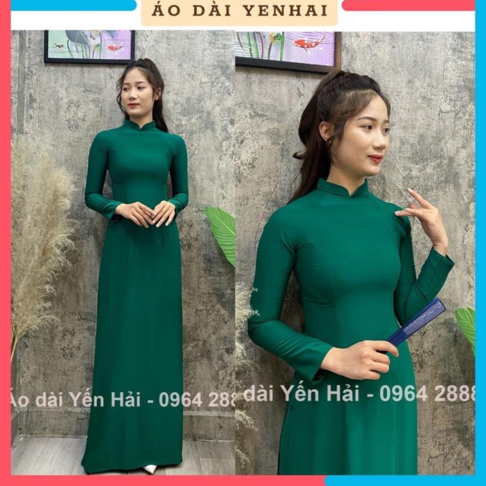 Áo dài truyền thống trơn màu xanh rêu đậm chất lụa Thái Tuấn đẹp | B13