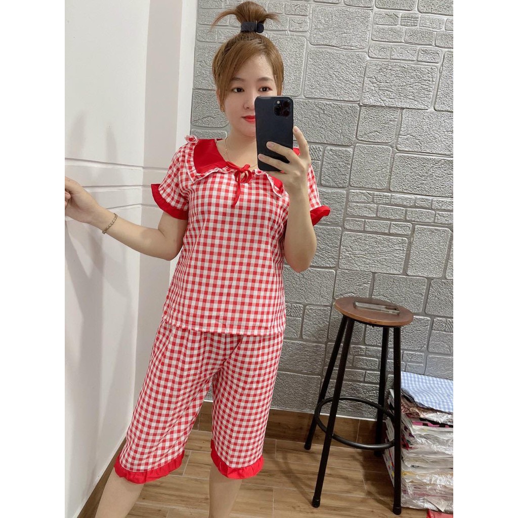 Bộ Lửng Mặc Nhà Cho Nữ Vải Kate Mát, Dễ Thương Sọc Caro Siêu Xinh