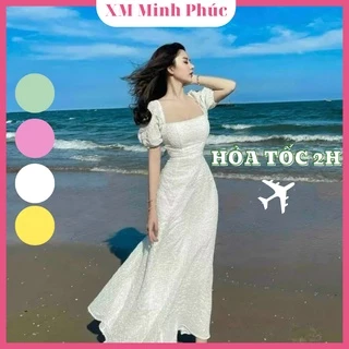 Đầm Maxi Dài Hở Lưng Đi Biển, Maxi Trắng Cổ Vuông Tay Phồng Sexy Thời Trang Nữ Minh Phúc