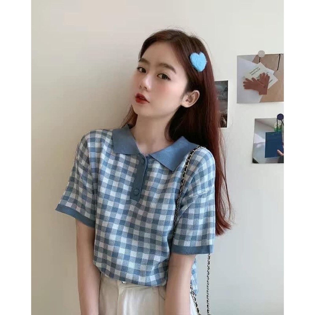 Áo Sweater Ngắn Tay Họa Tiết Sọc Caro Phong Cách Retro Hàn Quốc 2021 Cho Nữ