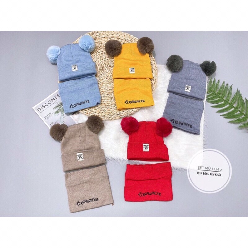 Set mũ kèm khăn len quả bông dày cho bé