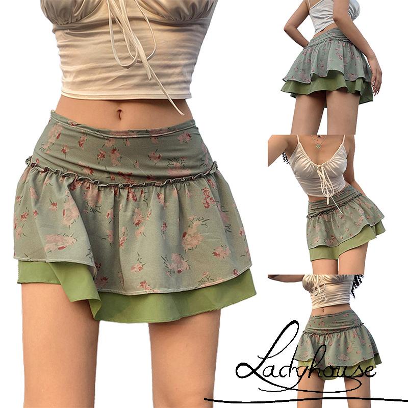 Chân váy ngắn hai lớp in họa tiết hoa phong cách mùa thu hè trẻ trung cho nữ