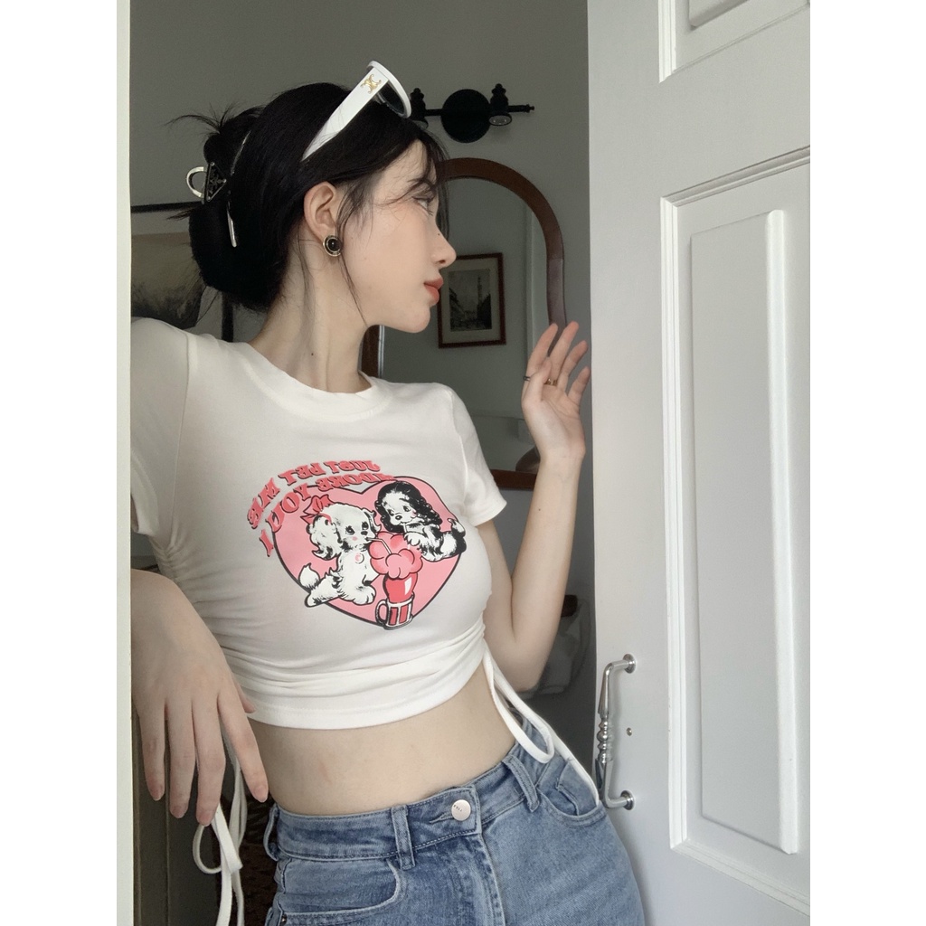 Áo Thun Tay Ngắn Dáng Ôm Cột Dây In Họa Tiết Thời Trang Hàn Quốc Quyến Rũ Cho Nữ