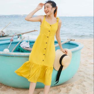 Đầm xoè bèo nơ vai nút gỗ